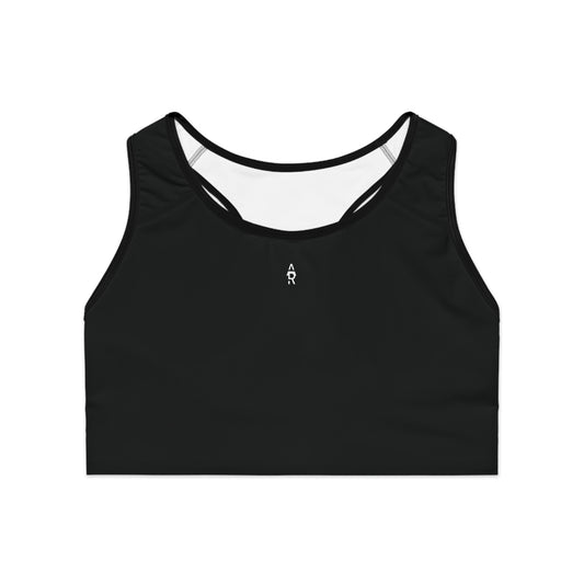 Sporty Black AOP Sports Bra - Comfortable Activewear, Gym Essentials, Fitness Gear, Workout Clothing, Yoga Top